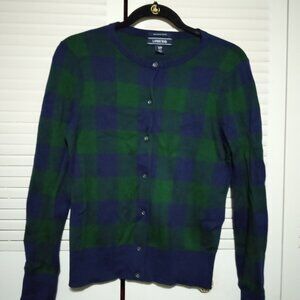 LANDS' END Navy Blue Green Plaid Check Cardigan Sweater SP 6-8 S Ladies Supima
